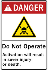 Do not operate machinery warning sign and labels activation will result in severe injury or death