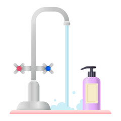Faucet with flowing water and bottle of soap on sink against white background