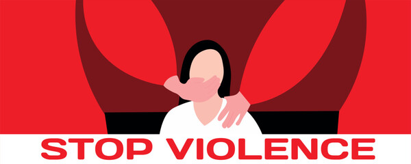Woman subjected to violence and text STOP VIOLENCE on red background - obrazy, fototapety, plakaty