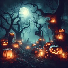 noche de halloween en el bosque bajo la luna llena con arboles retorcidos - obrazy, fototapety, plakaty