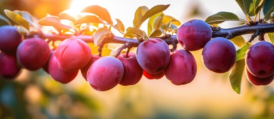 Sunset brings out the beauty of a ripe plum tree filled with organic fruits With copyspace for text - Powered by Adobe