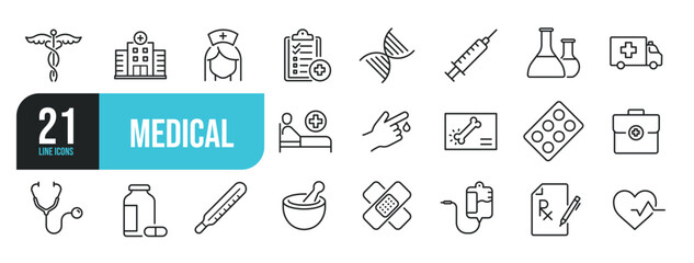 Set of line icons related to medical, prescription, healthcare, surgery, hospital. Outline icons collection. Editable stroke. Vector illustration.
