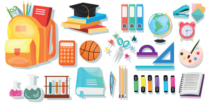 Set of school accessories on white background