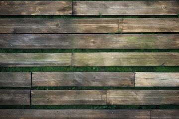 wooden deck planks, wide gaps with moss
