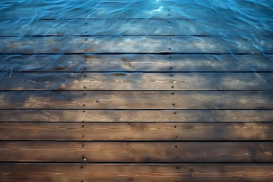 Fototapeta thin pier planks partially covered by blue water