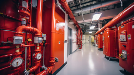 The building's fire protection system is designed to prevent fires and minimize their impact. - obrazy, fototapety, plakaty