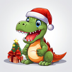 cute dinosaur in santa hat with christmas gift