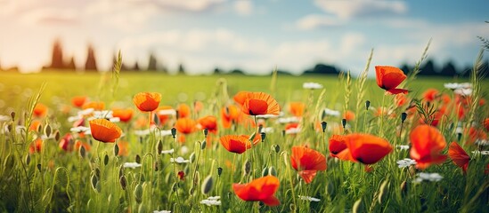 Summer poppy field with retro effect shallow depth of field With copyspace for text - obrazy, fototapety, plakaty
