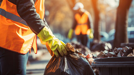 Worker collecting garbage of urban municipal are collecting for trash removal. - 658850665