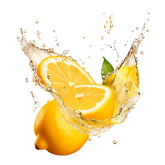 Isolated Lemon Juice Splash with Shiny Liquid Droplets on Transparent Background, PNG