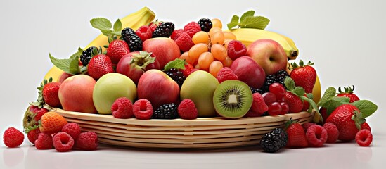 Assorted fruits in a basket With copyspace for text