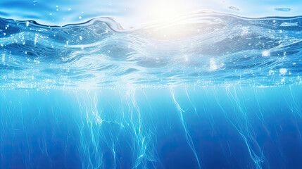 Blurry blue water surface with bubbles and splashes Nature background with sunlight and space for text