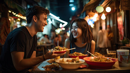 Obraz premium Young Asian couple traveler tourists eating Thai street food together in China town night market in Bangkok in Thailand - people traveling enjoying food culture concept