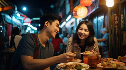 Poster Young Asian couple traveler tourists eating Thai street food together in China town night market in Bangkok in Thailand - people traveling enjoying food culture concept © Sasint
