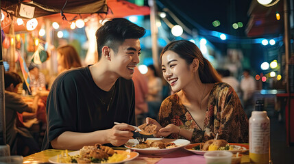 Young Asian couple traveler tourists eating Thai street food together in China town night market in Bangkok in Thailand - people traveling enjoying food culture concept - obrazy, fototapety, plakaty