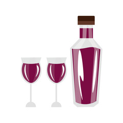 Bottle and glasses of red wine on white background