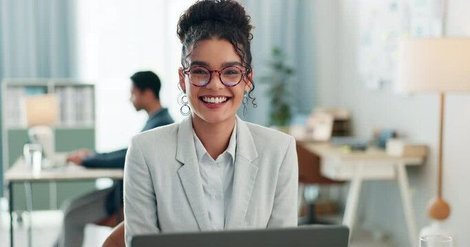 Portrait of woman with smile, laptop and coworking space for research, online admin and consultant at agency. Office, networking business and girl at computer typing email review, feedback or report