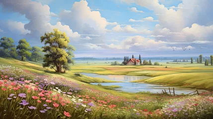 Schilderijen op glas Summer landscape beautiful and moody paint, countryside flowers and meadows.  © Ziyan Yang