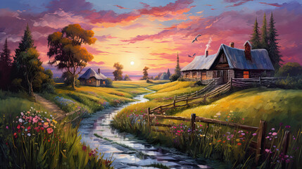 Summer landscape beautiful and moody paint, countryside flowers and meadows.  - obrazy, fototapety, plakaty