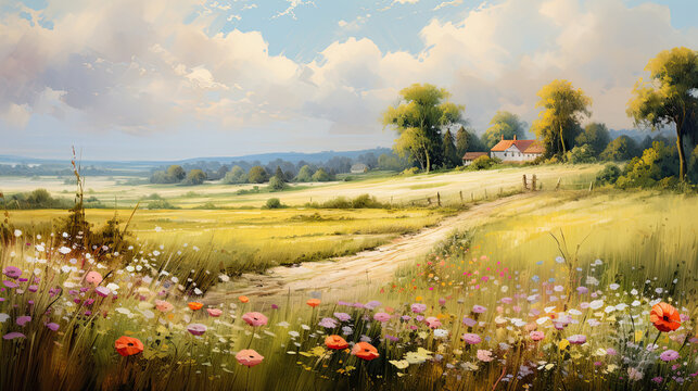 Summer landscape beautiful and moody paint, countryside flowers and meadows. 