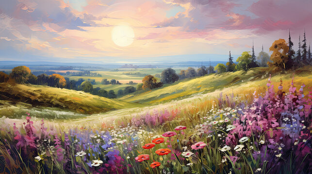 Summer landscape beautiful and moody paint, countryside flowers and meadows.  © Ziyan Yang