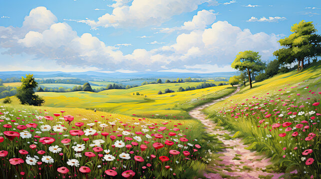 Summer landscape beautiful and moody paint, countryside flowers and meadows. 