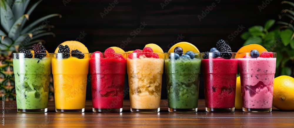 Poster assorted fresh fruit beverages on a table with copyspace for text