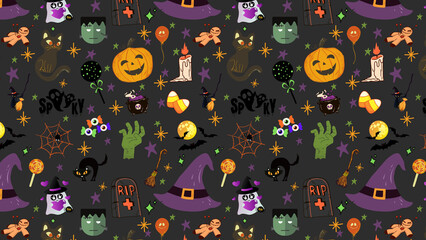 Patrón de Halloween con ilustraciones divertidas. - obrazy, fototapety, plakaty