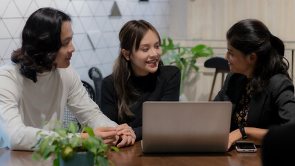 Female insurance agent gives advice to couple discussing health insurance. Sign a home pension mortgage contract, calculate funds, investments, savings.