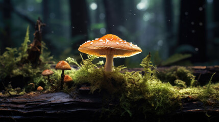 Fototapeta premium The life of a mushroom on a green and soft log