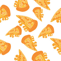 Many slices of cheese pizza on white background. Pattern for design