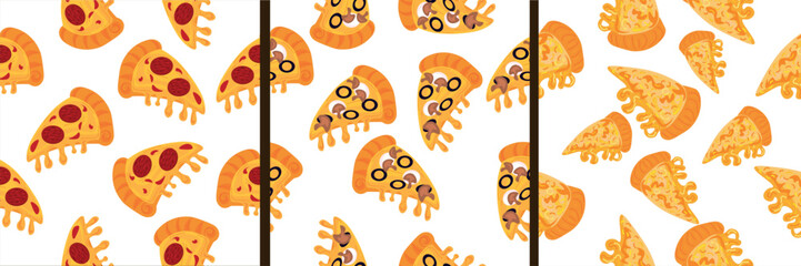 Many slices of different pizzas on white background. Pattern for design