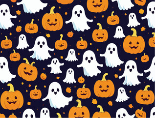 Cute halloween ghosts and pumpkins repeating pattern in vestor illustration. Pumpkin Parade with Spirits