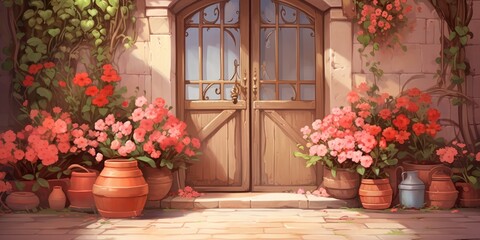Fototapeta na wymiar in front of the door of a house with a facade full of pots with flowers and a large wooden door, generative AI