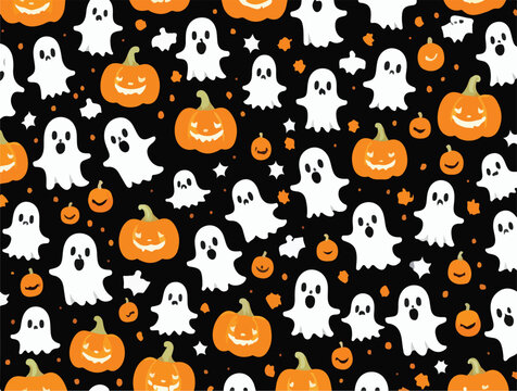 Cute halloween ghosts and pumpkins repeating pattern in vestor illustration. Spectral Pumpkins and Smiles