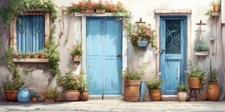 Fototapeta in front of the door of a house with a facade full of pots with flowers and a large wooden door, generative AI