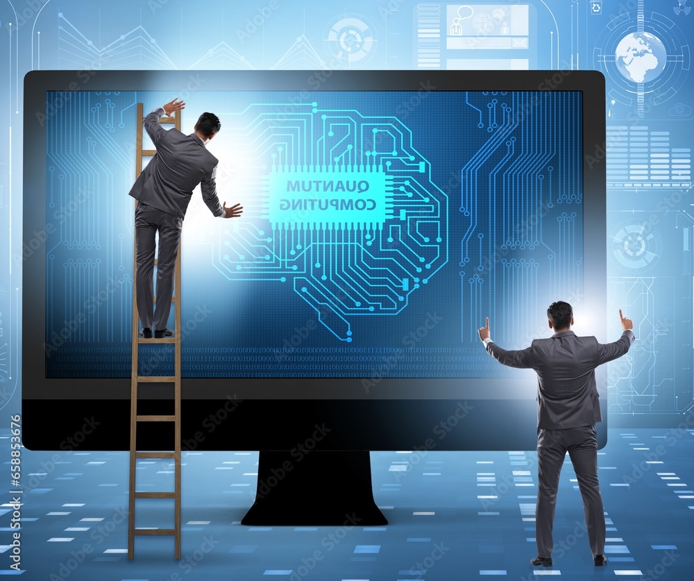 Poster concept of quantum computing with businessman