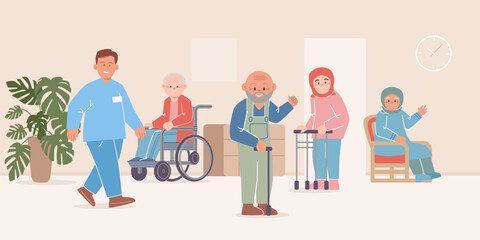 Nursing home old retirement pensioner house with medical helper nursing aged elder people scene flat illustration