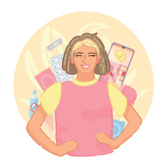 Young woman with contraceptive methods on white background
