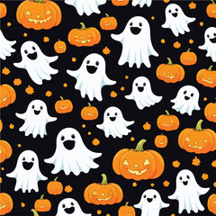 Cute halloween ghosts and pumpkins repeating pattern in vestor illustration. Pumpkin Party in the Moonlight