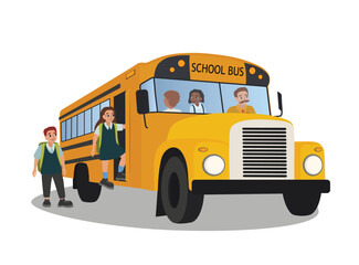 Students getting into school bus on white background
