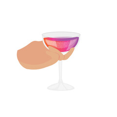 Female hand holding glass of sparkling cocktail on white background