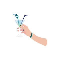 Female hand holding glass of tasty cocktail on white background
