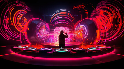 Electric DJ Show on the Vinyl Stage with Glowing Speakers, Colorful Performances, and Party Club Lights