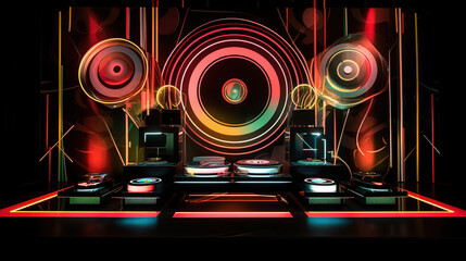 DJ Show on the Vinyl Stage with Glowing Speakers, Explosive Colors, High-Energy Performance, and Unforgettable Club Lights