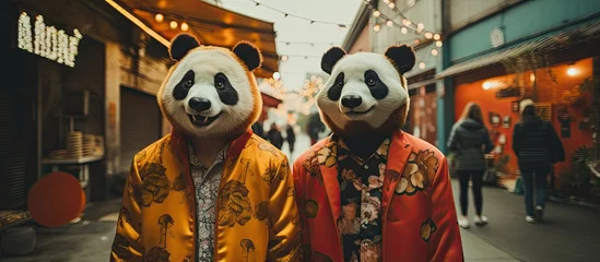 Fotobehang Couple in giant panda head and colored suits having a party in a parking lot With copyspace for text © 2rogan