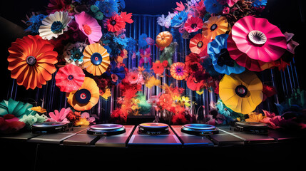 Vibrant DJ Show on a Gigantic Flower Stage with Vinyl Records, Colorful Performance, and Giant Speaker Lights Up the Party!