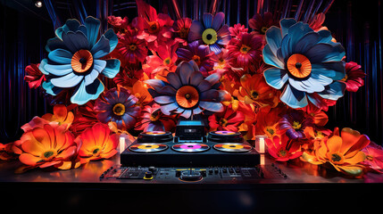 Vibrant DJ Show on a Gigantic Flower Stage with Vinyl Records, Colorful Performance, and Giant Speaker Lights Up the Party! - obrazy, fototapety, plakaty