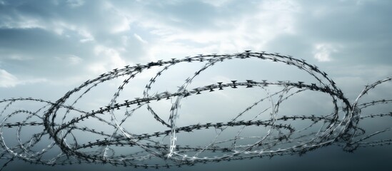 Barbed wire spiraling in the sky With copyspace for text