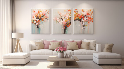 beautiful living room interior with white sofa and paintings. AI generated.